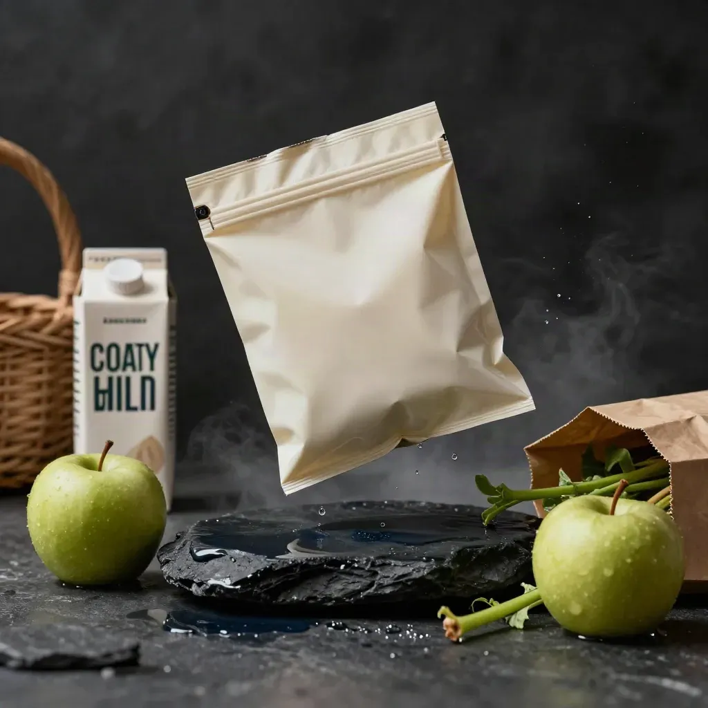 Floating cashback pack with oat milk, apples and produce above wet black stone.
