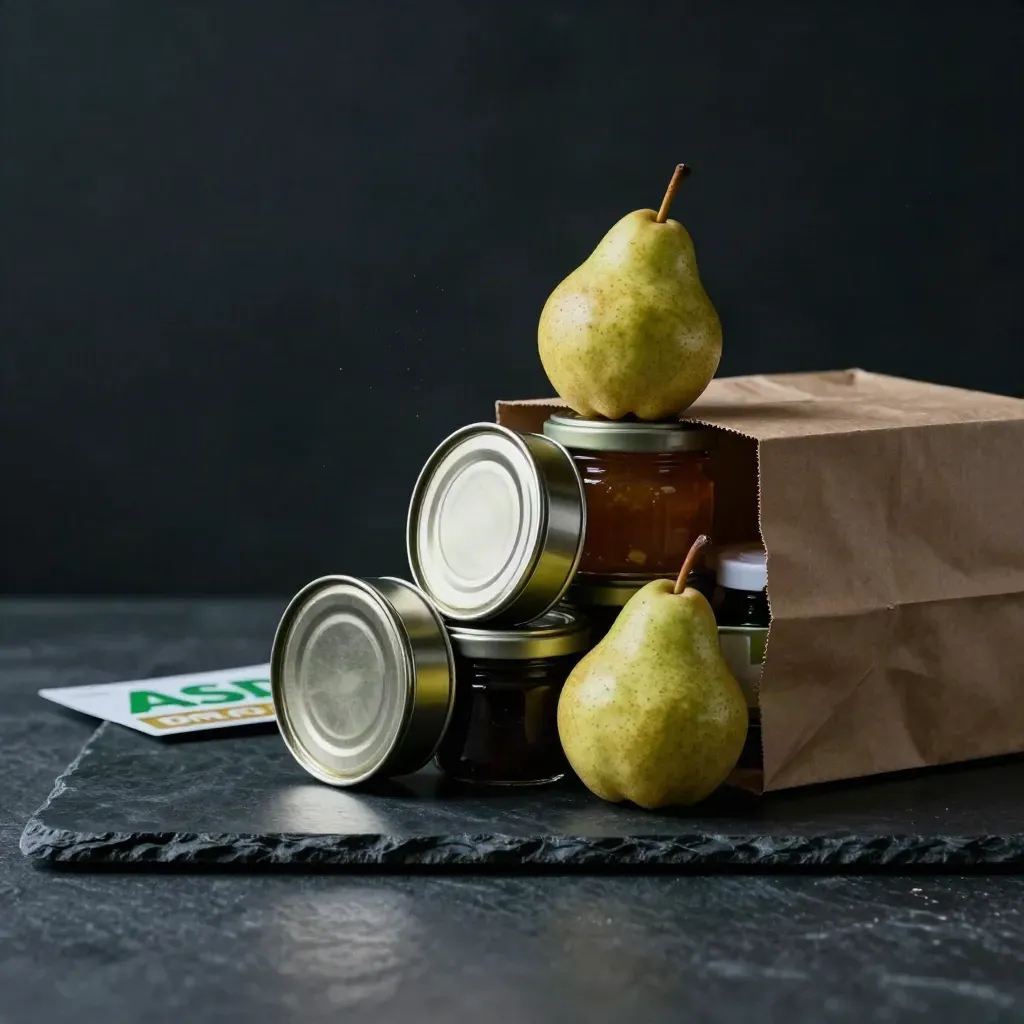 Tipping bundle of pantry tins, jars and a pear on dark stone with dramatic rim light.
