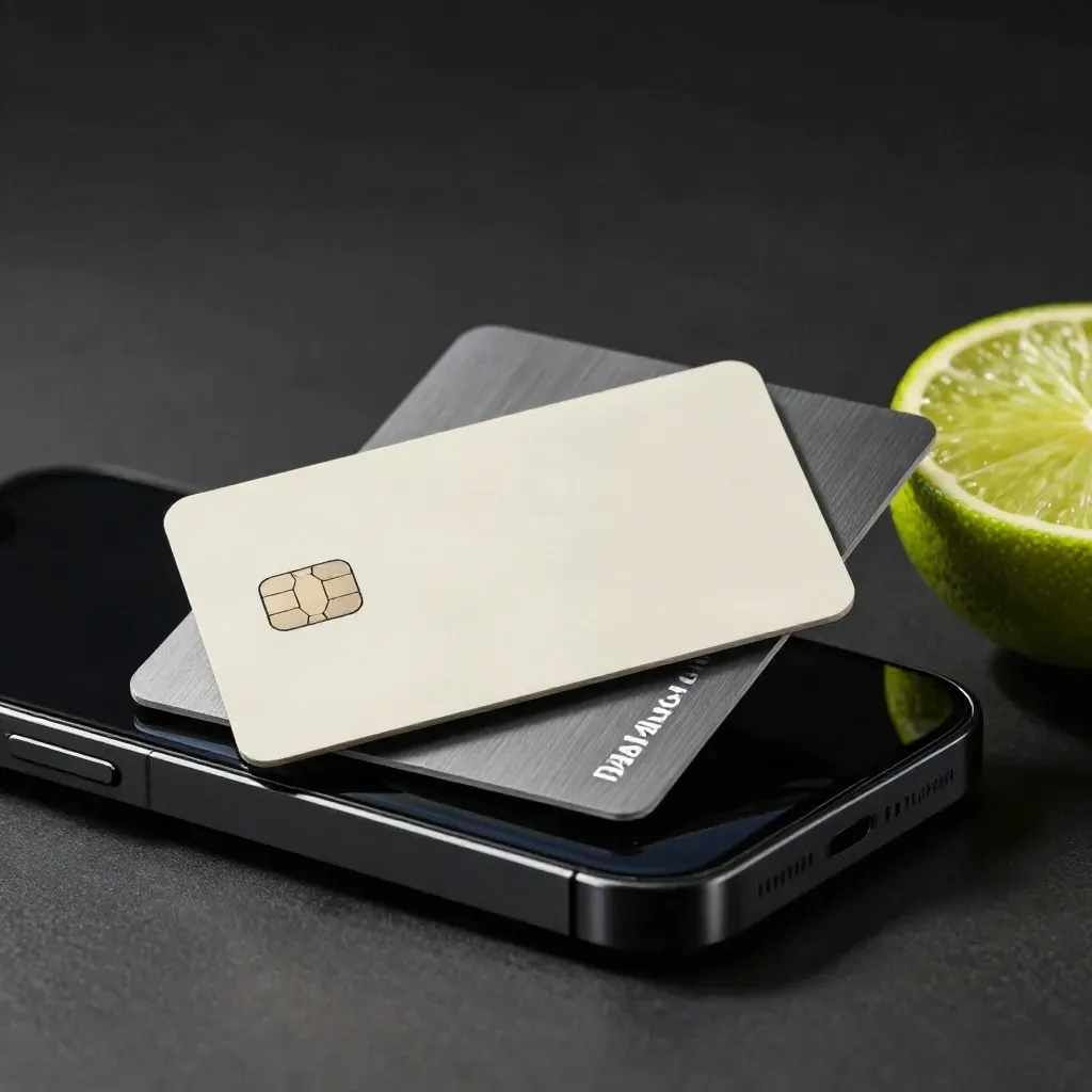 Smartphone, blank card, cashback chip and voucher sleeve in a dark dramatic product stack.