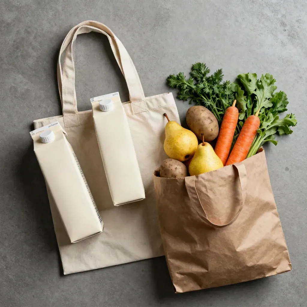 Overhead grocery cashback flatlay with oat milk, produce, tote and paper bag on concrete