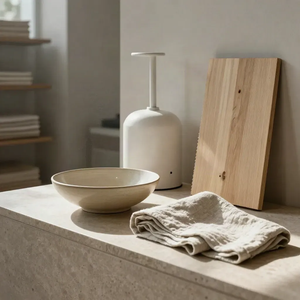 White lamp base, ceramic bowl, linen and timber sample in a calm homeware vignette.